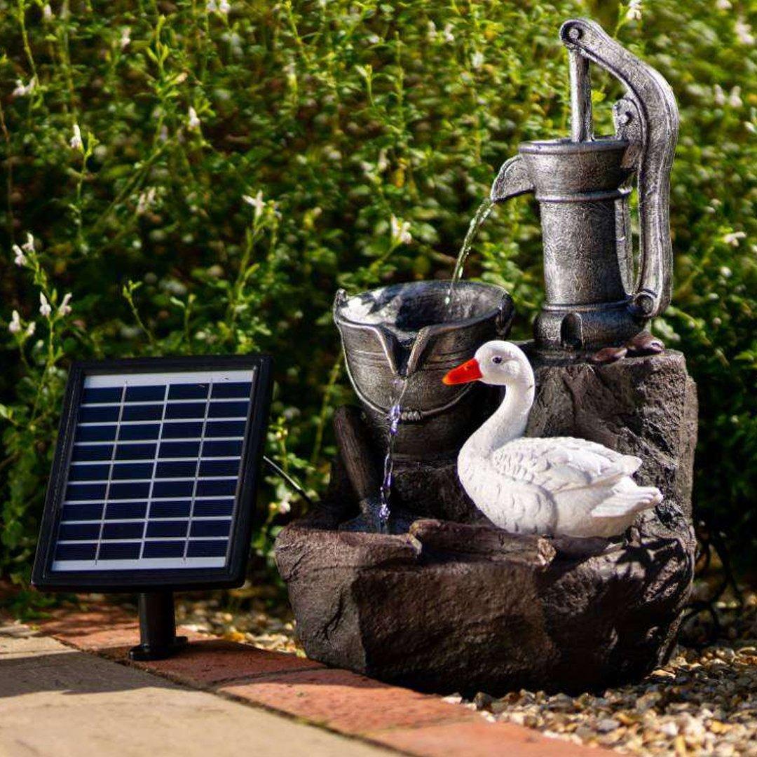 Solar 'Duck At The Well' Tiered Water Feature Battery Backup LEDs 49cm